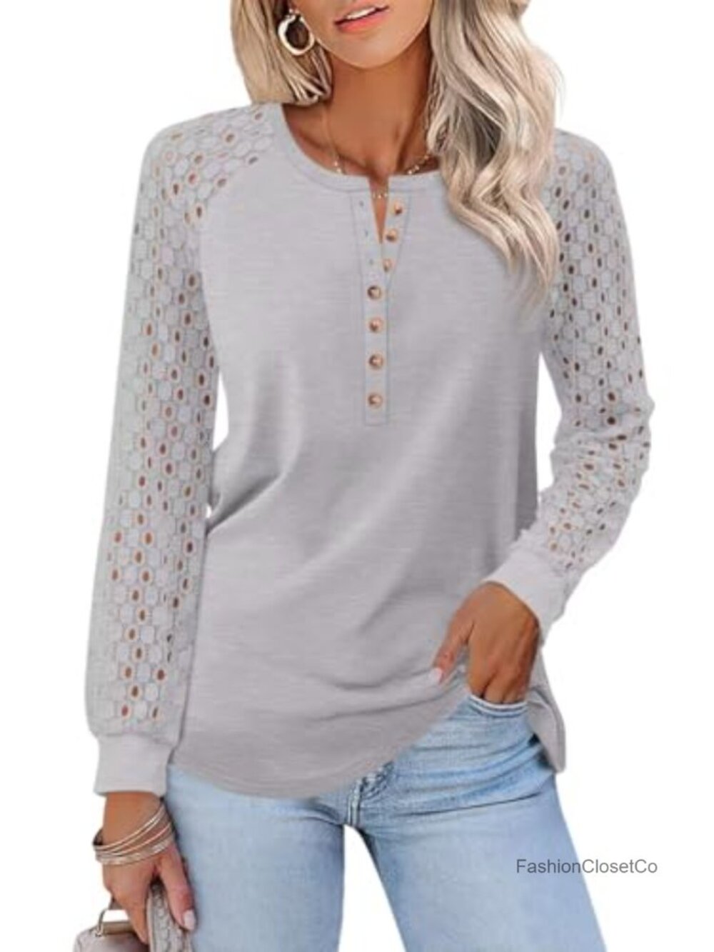 Women's Lace Long Sleeve Henley T-Shirt Crewneck Top Cotton Blend Casual - Picture 1 of 4